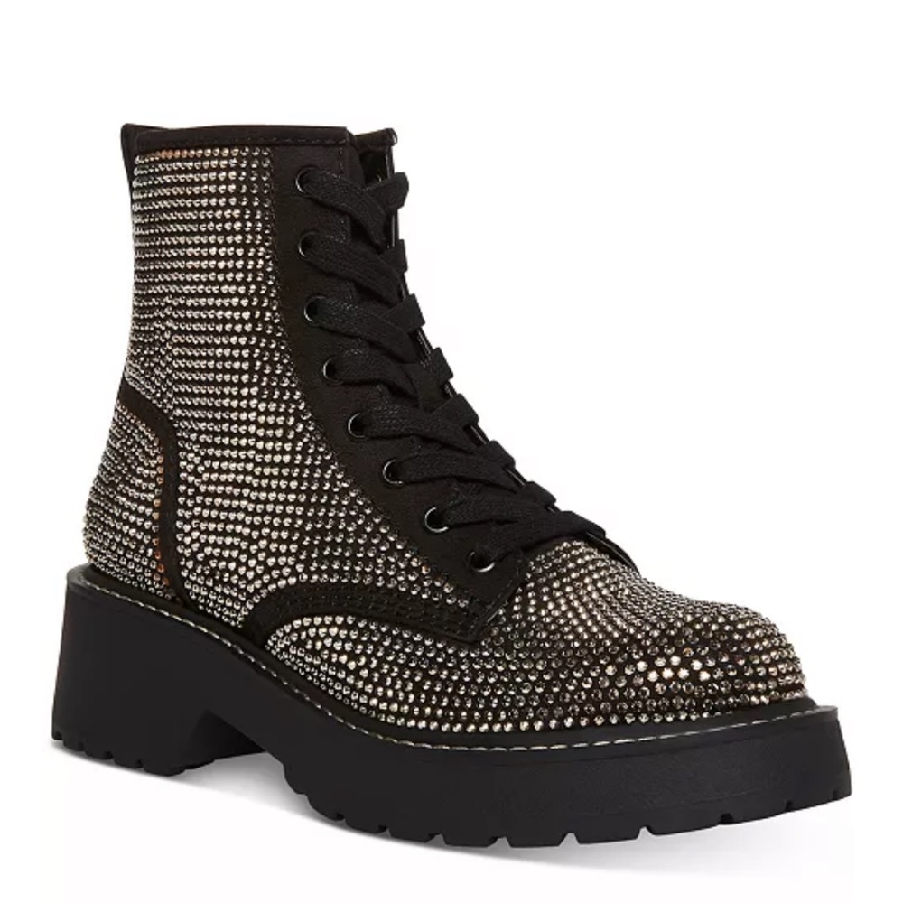 Madden girl, black combat boots with rhinestones